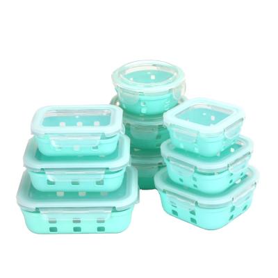 China Microwavable / Heatable / Freshness Airtight Glass Food Preservation Storage Containers With Lac-Blue Silicone Sleeves for sale