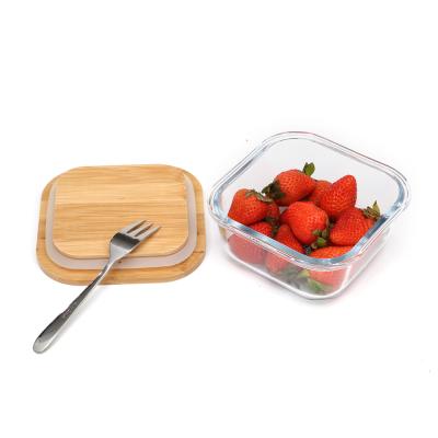 China New Design Microwavable High Borosilicate Glass Storage Eco-friendly Food Container With Bamboo Wooden Lid for sale