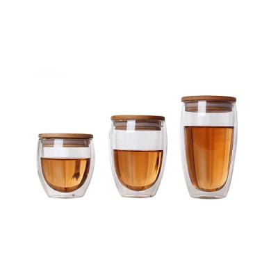 China 250ml Borosilicate Glass Double Wall Glass Cup Sustainable Tea Cup Coffee Mug Bamboo Lid for sale