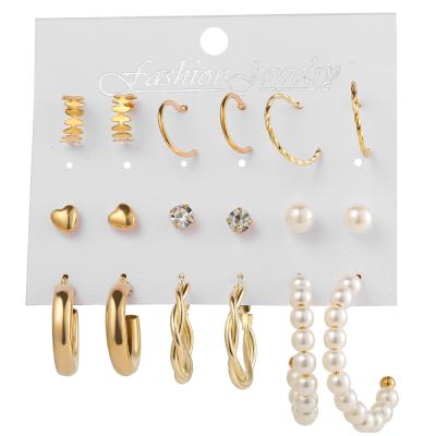 China Fashion Jewelry Earrings For Women Wholesale 9 Pieces Set Pearl Earring Crystal Earring Combination Metal Earrings For Women for sale