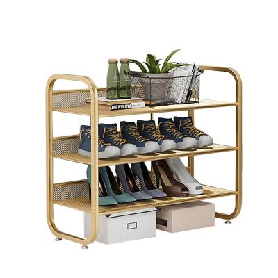 China Modern Custom 3 Tier Gold Metal Grid Shoe Shelf Organizer Reinforced Shoe Shelving Storage for sale