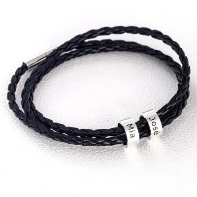 China Stainless Steel Jewelry Men's Casual/Sporting Bracelet Braided Name ID Leather Chain Bracelets With Custom Beads for sale