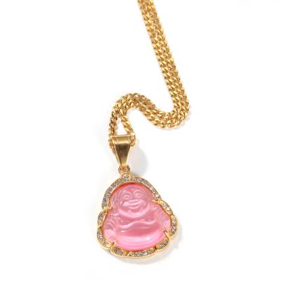 China Trendy Pink Maitreya Jade Buddha Necklace Zircon Stones Bling Fashion Hip Hop Jewelry for sale