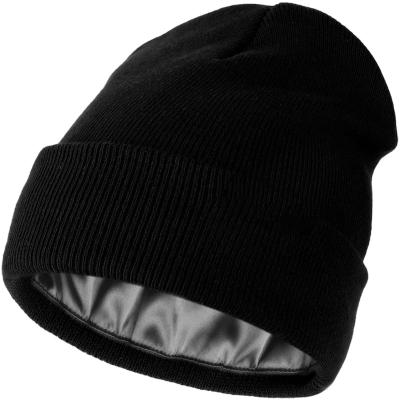 China Black Knitted Acrylic Satin Liner Hat Fisherman Beanie Winter Hat Satin Liner Women Skullies Beanies Warm Toque Hats for sale