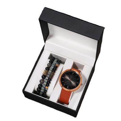 China Best Decoration Father's Day Gift Box 4pc/set Men's Watch Set PC21 Movement Ebony Dial Beaded Chains Quartz Watches Bracelet Watch Sets for sale