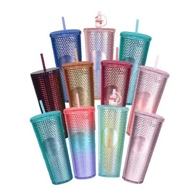 China Custom logo 700ml 24oz Wholesale Cornstyle Grid Collection Double Wall Plastic Water bottle speaker tumbler Cups with straw for sale