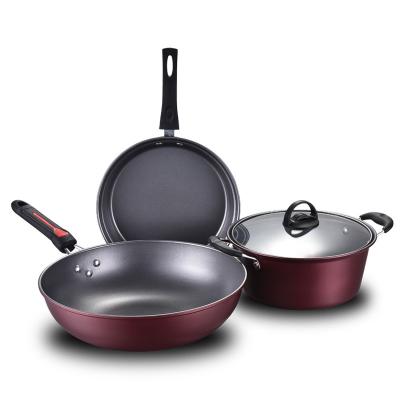 China 3 pcs Kitchen Pot Pan Set enamel iron cast cookware Desktop sets pot kitchen Te koop