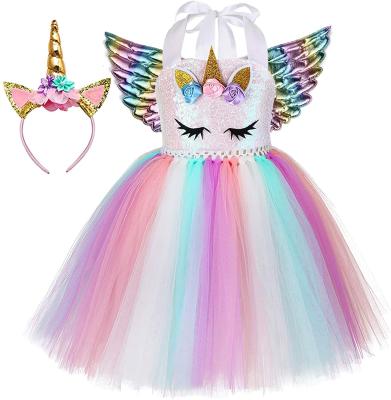 China 3pcs breathable sequin Unicorn Dress with 3 wings and color headbands for 1-10Y girls birthday for sale