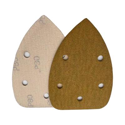 China Aluminum Oxide 140*90mm 5 Hole Triangle Sandpaper Mouse Yellow Sandpaper Sanding Disc with Circle and Loop for sale