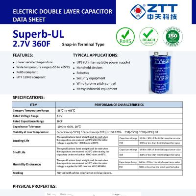 China New design of environmentally friendly materials! Super-UL Ultra Low Temperature 2.7V 360F Breakout In Supercapacitor for sale