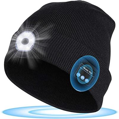 China Wireless Beanie Hat With Built-in Warmer Earphone Unisex Knitted Hat Winter LED Lit Earphone Smart Hat Outdoor Sport for sale