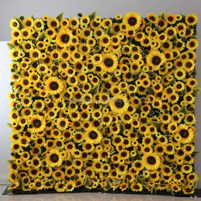 China 5d Decorations Floral Sunflower Panel Wedding Decor Trendy Luxury Roll Up Fabric Artificial Flowers Yellow Silk Fabric Flower Wall Backdrop for sale