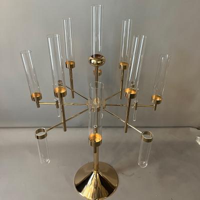 China Luxury Gold Wedding Decorations Metal Candelabras With Floating Glass Candle Holders Fireplace For Wedding Table Decoration for sale