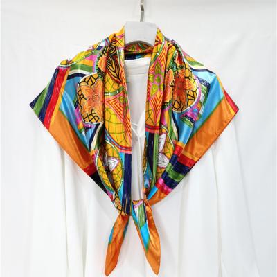 China 90*90square polyester satin shawl and scarf printed floral scarf hijabs for woman for sale