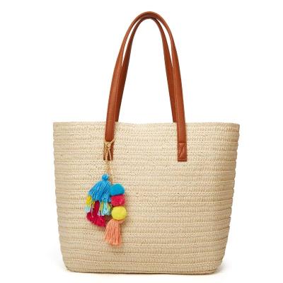 China Fashion Woven Large Straw Handbag Women Tote Summer Beach Tassel Travel Woven Beach Bag for sale