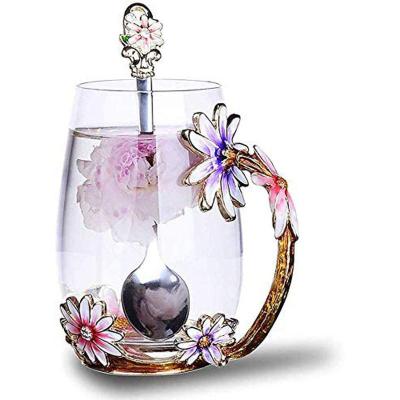 China Best Viable Birthday Gifts For Wife Mom Girlfriends Mother Valentines Day Christmas Enamels Butterfly Flower Glass Coffee Tea Mug for sale