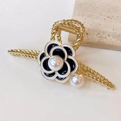 China Elegant Pearl Shark Jiamu Camellia Hair Claw Clips Alloy Hair Decoration Clips Women Hair Accessories Flower Hair Clips Girls Fashion Headwear for sale