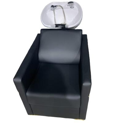 China Wholesale New Modern Design Black Gold Leather Metal Wheels Sink Salon Shampoo Chair for sale