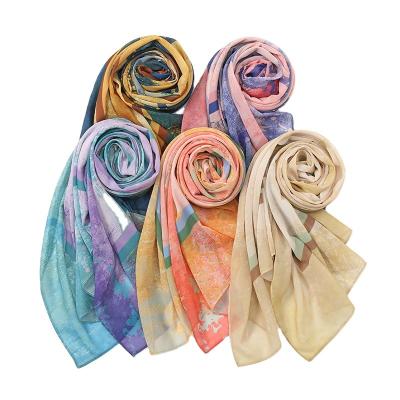 China Wholesale American European High Quality Soft Chiffon Floral Comfortable Printed Elastic Hijab Scarf For Women Lady for sale