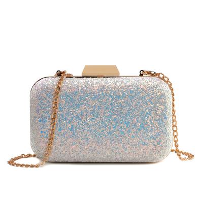 China Shiny PU Sequins Frosted Elegant Crystal Clutch Evening Bags 2022 Luxury Women Party Handbags Metal Chain PU Box for sale