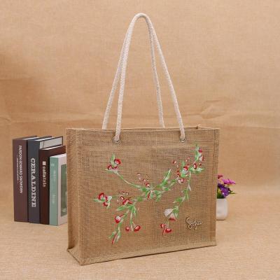 China Eco-Friendly Natural Burlap Tote Shopping Bags Reusable Jute Bags With Full Gusset With Handles Laminated Inside for sale