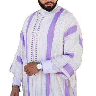 China Breathable Spring Canvas Purple Muslim Long Robe Plus Size Thobe Striped Abaya Men Shirt Style Afrikaner Islamic Clothing Man for sale