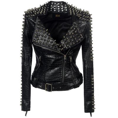 China Durable Fashion Rivet Punk Rock Motorcycle Zipper Jacket Coats Women Ladies Leather Jacket Motorcycle for sale