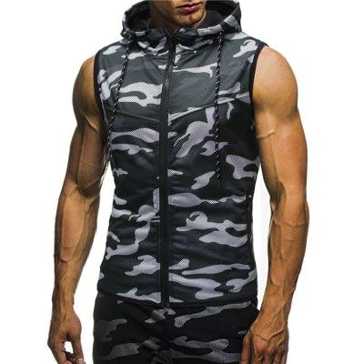 China Men's Clothing Casual Sleeveless T-shirts Zipper Tops Anti Shrink Camouflage Hooded Slim T-shirt for sale