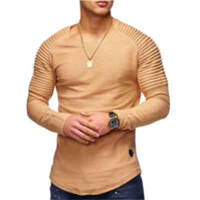 China Custom Made Mens Tops Viable Round Neck T Shirts With Pleated Striped Long Sleeves Pullover Casual T Shirt For Men for sale