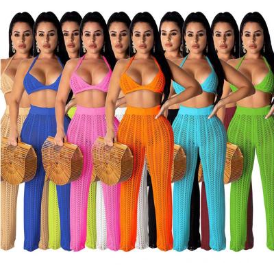 China 2021 Summer Anti-Static Knitted Mesh Hollow Perspective Two Piece Suit Crochet Bra Pants Long Women Knit 2 Piece Set for sale