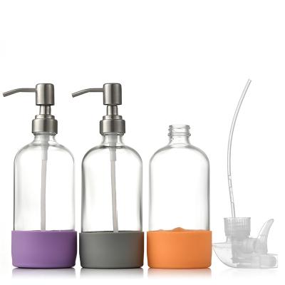 China Personal Care 120ml 250ml Amber Round Shampoo Glass Boston Bottle With Stainless Steel Soap Pump Dispenser For Liquid Medicine for sale