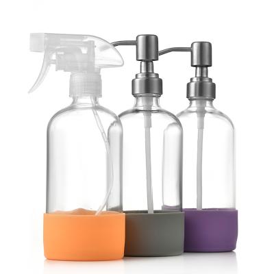 China Personal Care Oshow 500ml 1000ml Amber Round Shampoo Glass Boston Bottle with Stainless Steel Soap Pump Dispenser for Liquid Medicine for sale