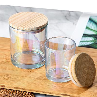 China Gift & Luxury Iridescent Craft Candle Jar With Wooden Lid Popular Style Around Bottom Empty Candle Jars For Candle Making for sale