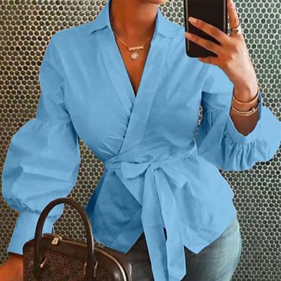 China 2020 New Anti-Wrinkle Solid Color Fashion Women's Tops V-Neck Lantern Sleeve Ladies Blouse Shirt Long for sale