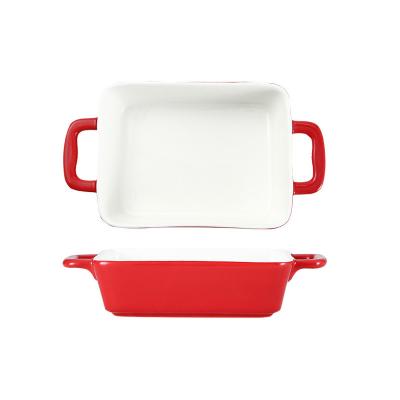 China Amazon Viable Hot Selling Colorful Porcelain Baking Dishes And Pans Cheesecake Custom Chicken Ceramic Baking Tray With Handle for sale