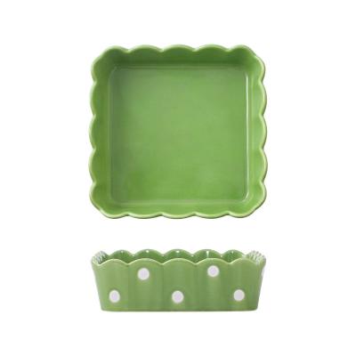 China Sustainable Nordic Style Porcelain Wave Point Baking Tray Red Ceramic Wave Edge Square Baking Tray Household Baking Plate With for sale