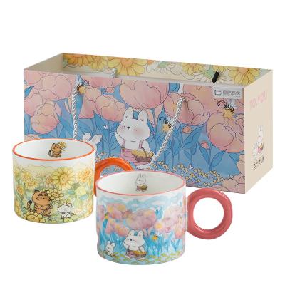 China Wholesale Sustainable Tea Mug Ceramic Cartoon Rabbit Gifts Coffee Mug Set With Saucer And Spoon for sale