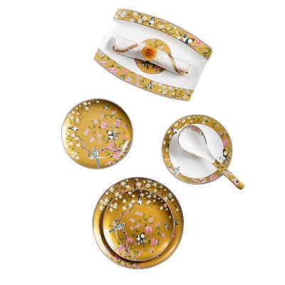 China 60pcs Chinese Style Cookware Gold Enamel Series Bone China Bowls and Dishes Dinnerware Disposable Dinner Set for sale