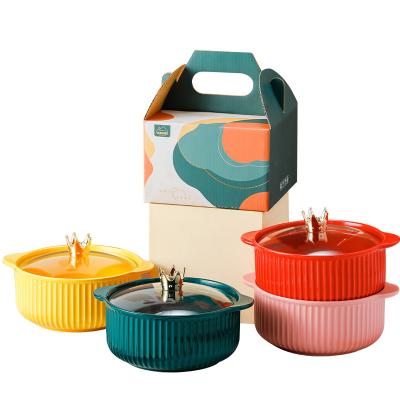 China 1/6 modern design colorful microwave disposable ceramic soup bowl with handles and lid set with two ears for sale