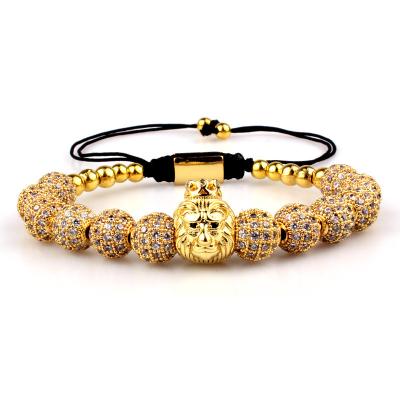 China Vintage Macrame Bead Bracelet Luxury Copper Braided Micro 8Mm Pave CZ Diamond Ball Lion Head Charm Bracelet for sale