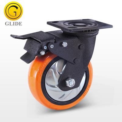 China PU Orange 4/5/6/8 Inch Industrial Caster Wheel Heavy Duty PU Caster With Top Brake for sale