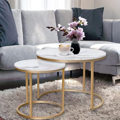 China Adjustable (other) Coffee table nesting white 2 piece group Gold frame round and marble pattern Wooden table Living Room Bedroom Apartment Modern for sale