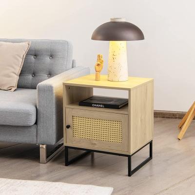 China Adjustable (other) Wooden Nightstand Sofa Side End Table with Rattan Door, Storage Shelf and Steel Legs, Bedside Cabinet Coffee for sale