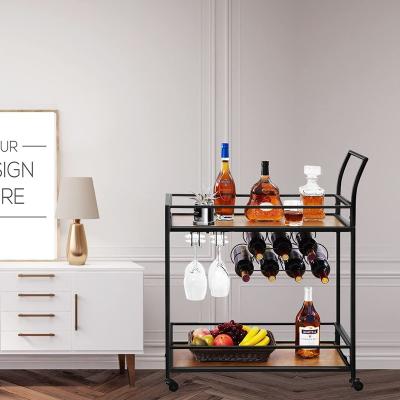 China PANEL Home dining car Wine cart with wheel handle metal wood wine rack Glass bottle rack for kitchen club Living room bar Dining Room for sale