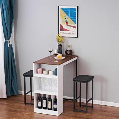 China Adjustable (other) Kitchen bar table attached with two stools storage rack Wooden countertop height table attached with sewn  finish dining room for sale