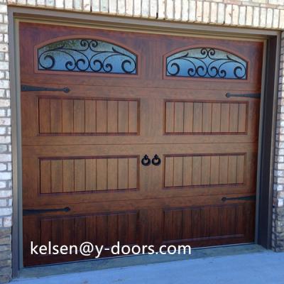 China Swing Wood Color Finished Wrought Iron Garage Door for sale