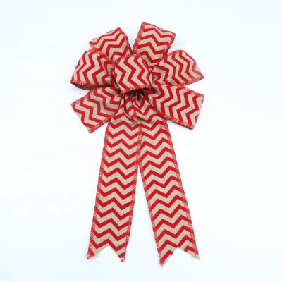 China Christmas Decoration Popular Canvas Type Flocking Red Cloth Wave Christmas Ribbon Bow Decorations, Christmas Tree Bow Topper for sale