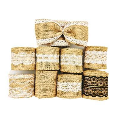 China HC521308 Floral Wedding Christmas Nature Burlap Burlap Ribbon and Jute Wrapping Ribbon with Lace 2 inch Valentine Wired Ribbon for sale