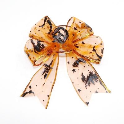 China Halloween Decoration Hot Sale Pre-made Halloween Decorations Orange With Black Pattern Organza Ribbon Bows for sale