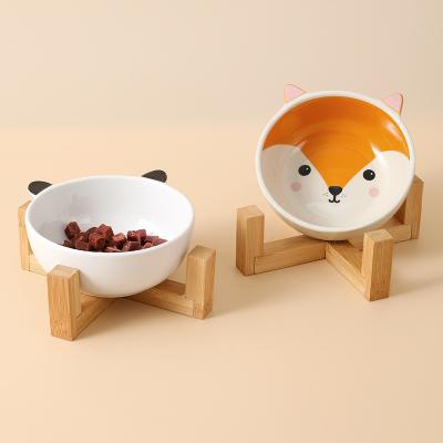 China Cat and China Dog Food Bowl Set Automatic Pet Bowl With Color Wholesale Non-slip Pet Food Cartoon Bowl With Wooden Stand for sale